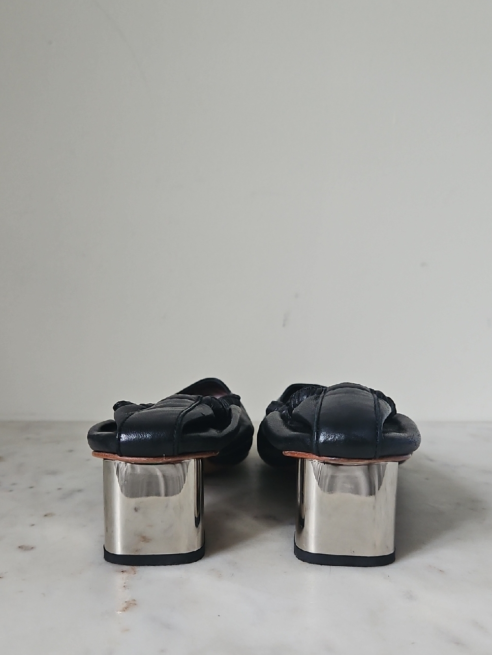ROBERT CLERGERIE: Soft Stretch Black Nappa Leather Silver Sculptural Block Heels - Picture 5 of 8